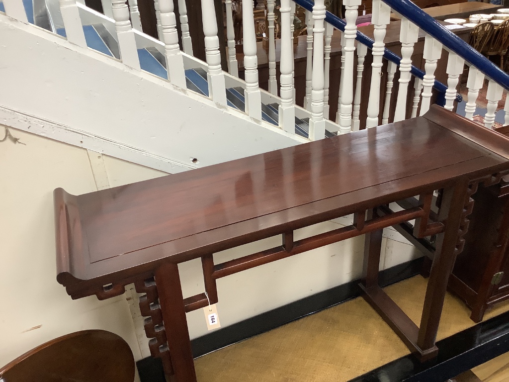 A Chinese hardwood altar table (possibly made from old timber), width 142cm depth 43cm height 87cm